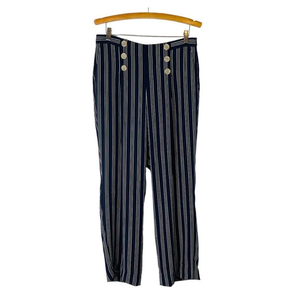 Ann Taylor blue white striped sailor button coastal wide leg pants 12P